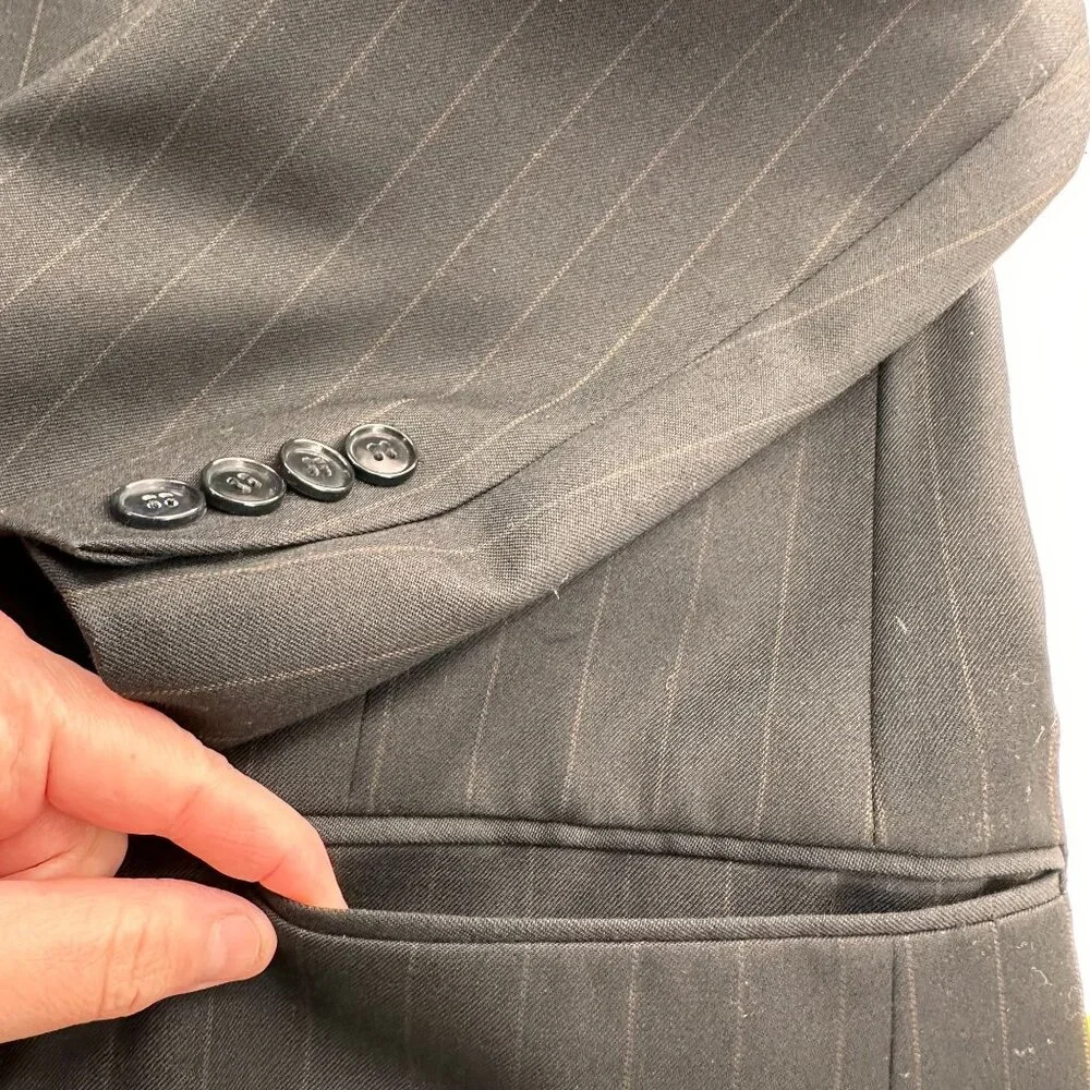 Tailors Row Mens‎ Pinstripe Black Wool Suit Jacket Blazer 46R Single Breasted